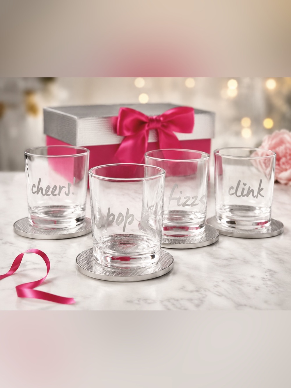 Ulta Chic Party Glasses & Coasters 4-10oz Pink and Silver Gift Box with Designs